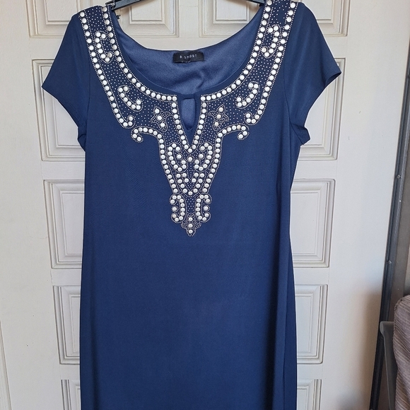 Be Smart Dress Embellished V Neck SzL? Cap Sleeves Navy Knee Length - Picture 4 of 8